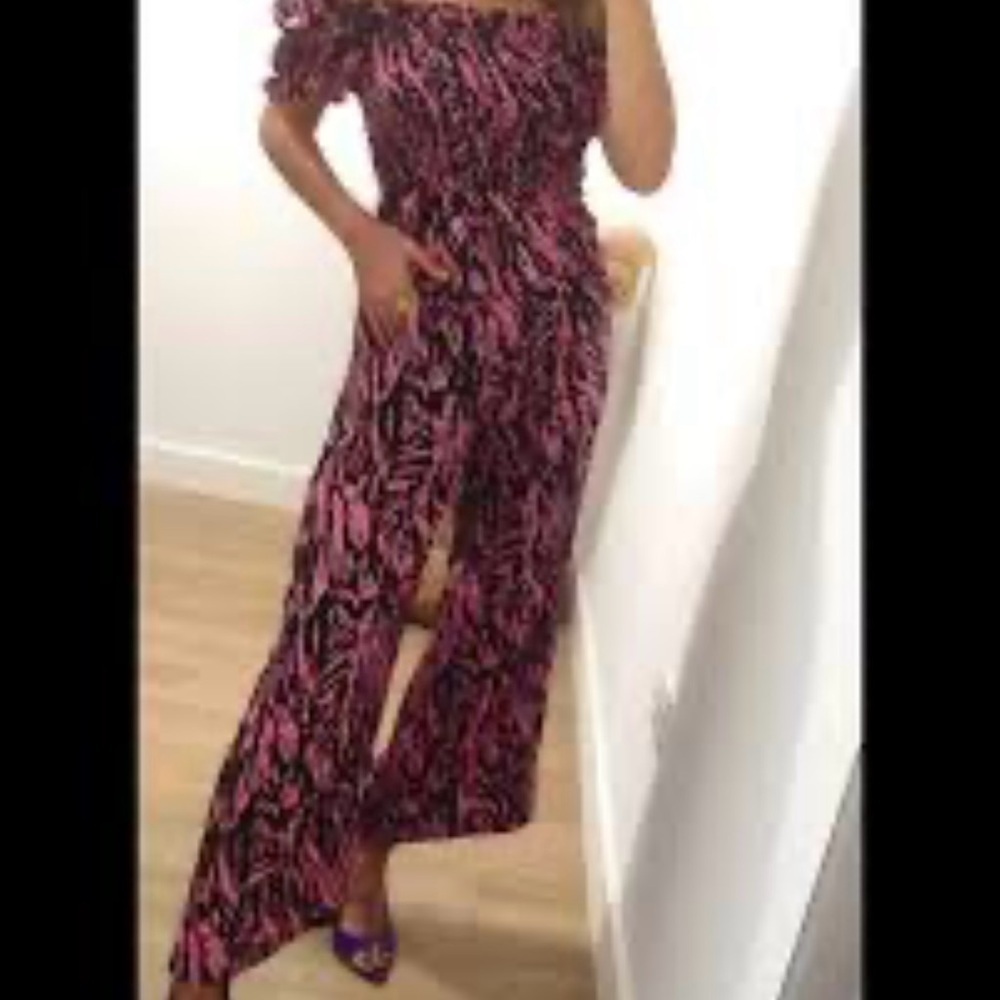 Old Navy Pink and Black Off-Shoulder Jumpsuit